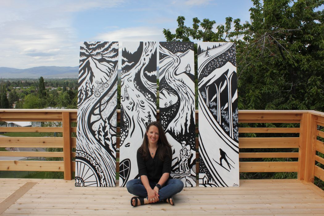 Image of woman sitting in front of four outdoor themed art pieces