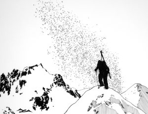 black and white drawing of skier climbing a mountain ridge with falling snow