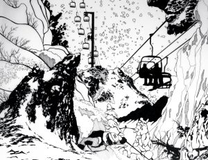 Ski collage black and white drawing of various ski related imagery