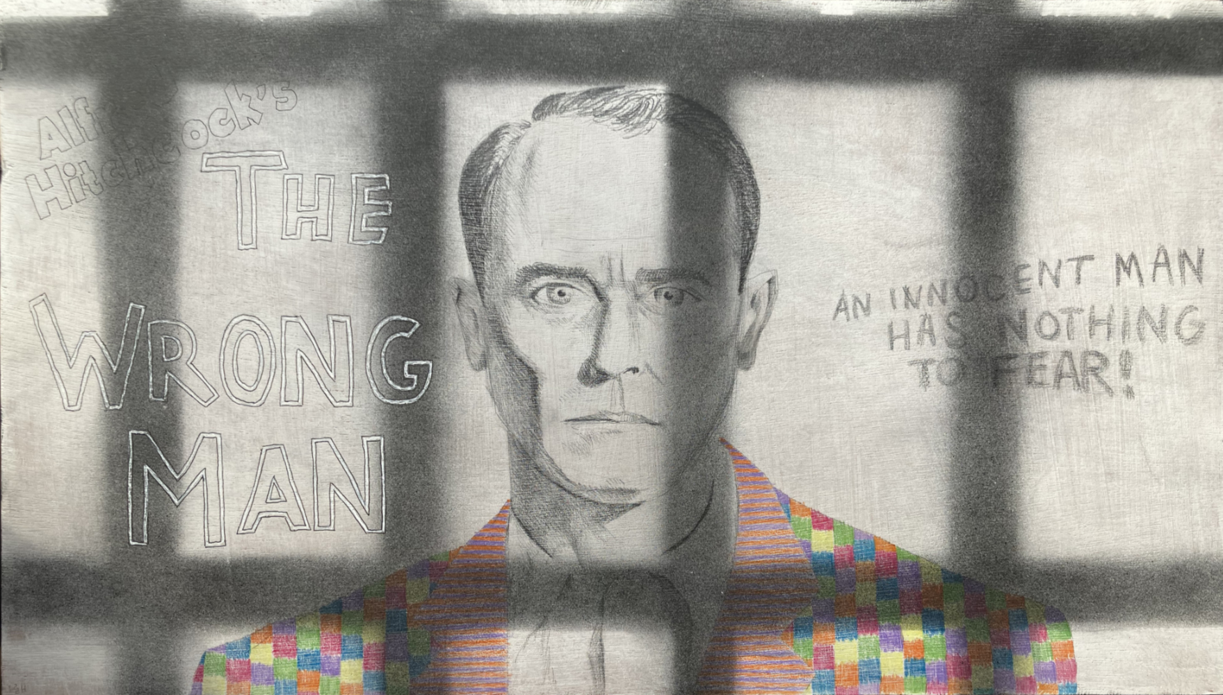 Mixed-media drawing based on the Alfred Hitchcock film "The Wrong Man" which stars Henry Fonda.