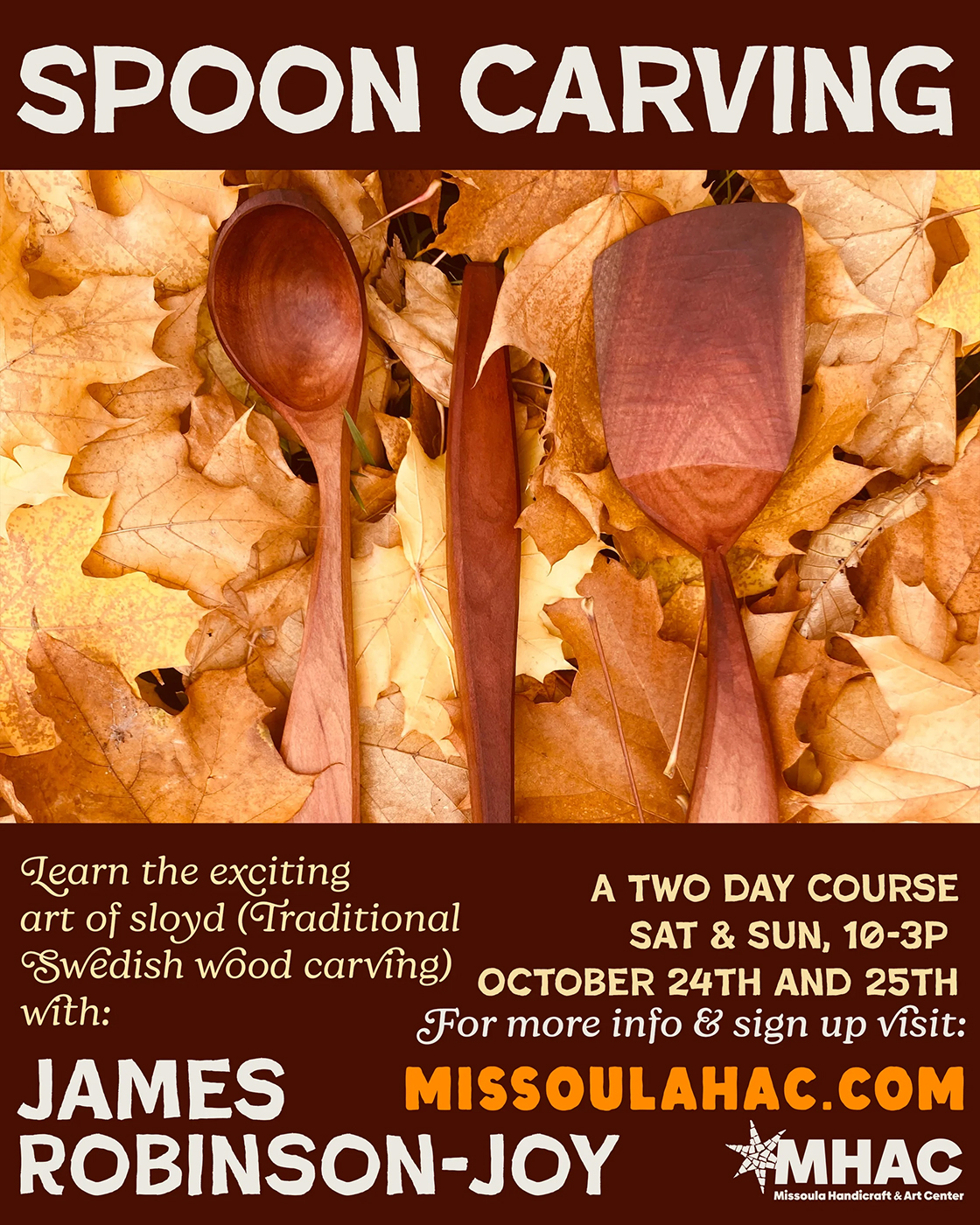 Image of hand carved spoons laying in leaves.